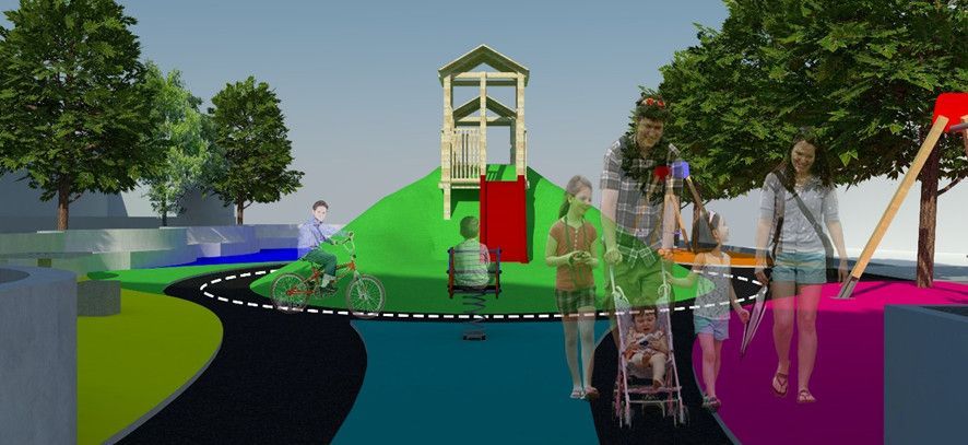 Representación de un parque con una colina verde que cuenta con una estructura de juegos de madera, un tobogán, senderos para caminar y varios peatones.