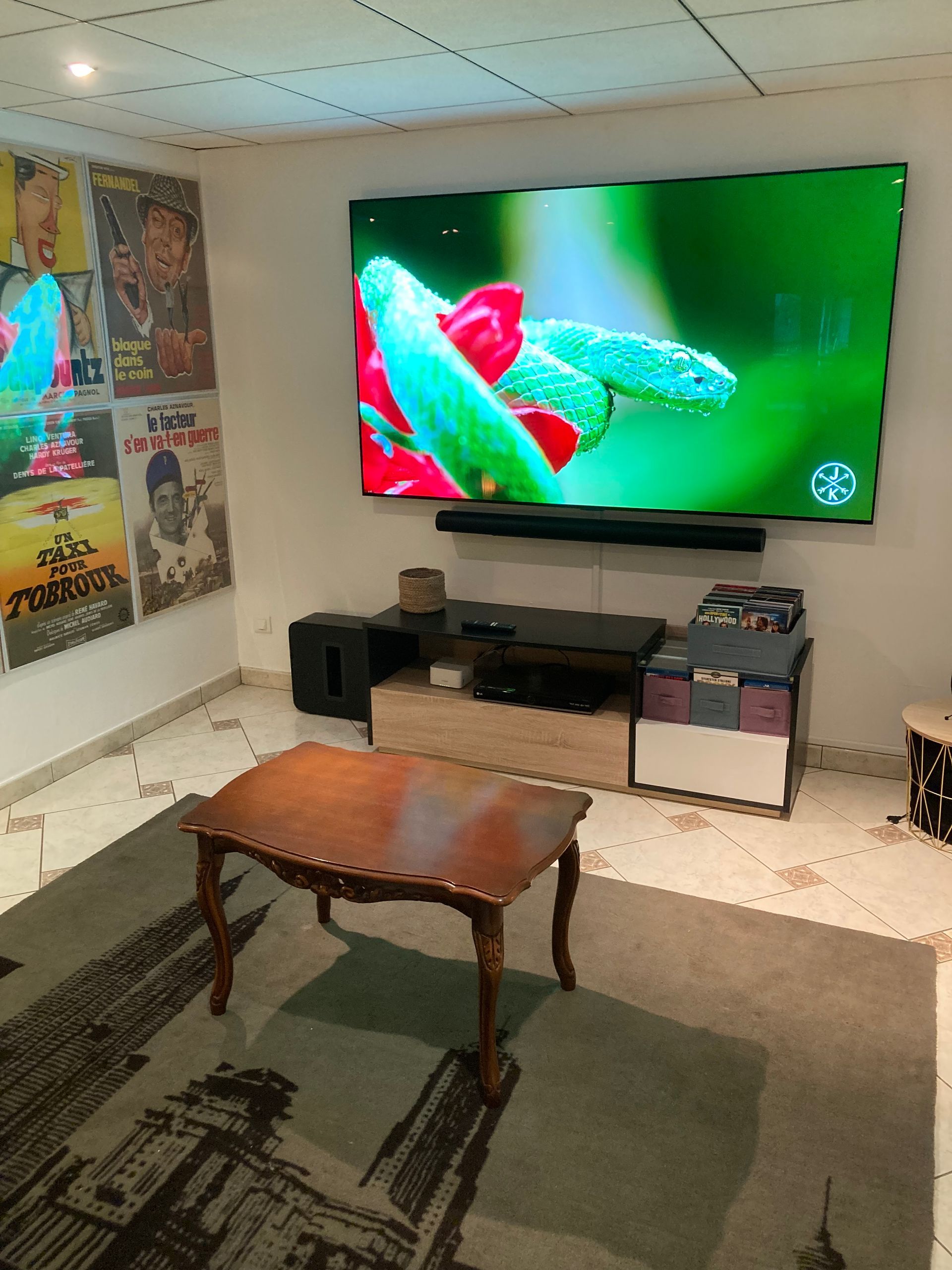 Un salon avec une grande télévision diffusant un décor floral vibrant. Une barre de son, une console multimédia et une table basse sont visibles.