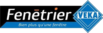 Logo Fenêtrier VEKA avec texte blanc sur bannière noire et bleue, avec accents de points orange
