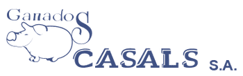 Logotipo para Ganado Casals SA con ilustración de un cerdo y el nombre de la empresa en azul.