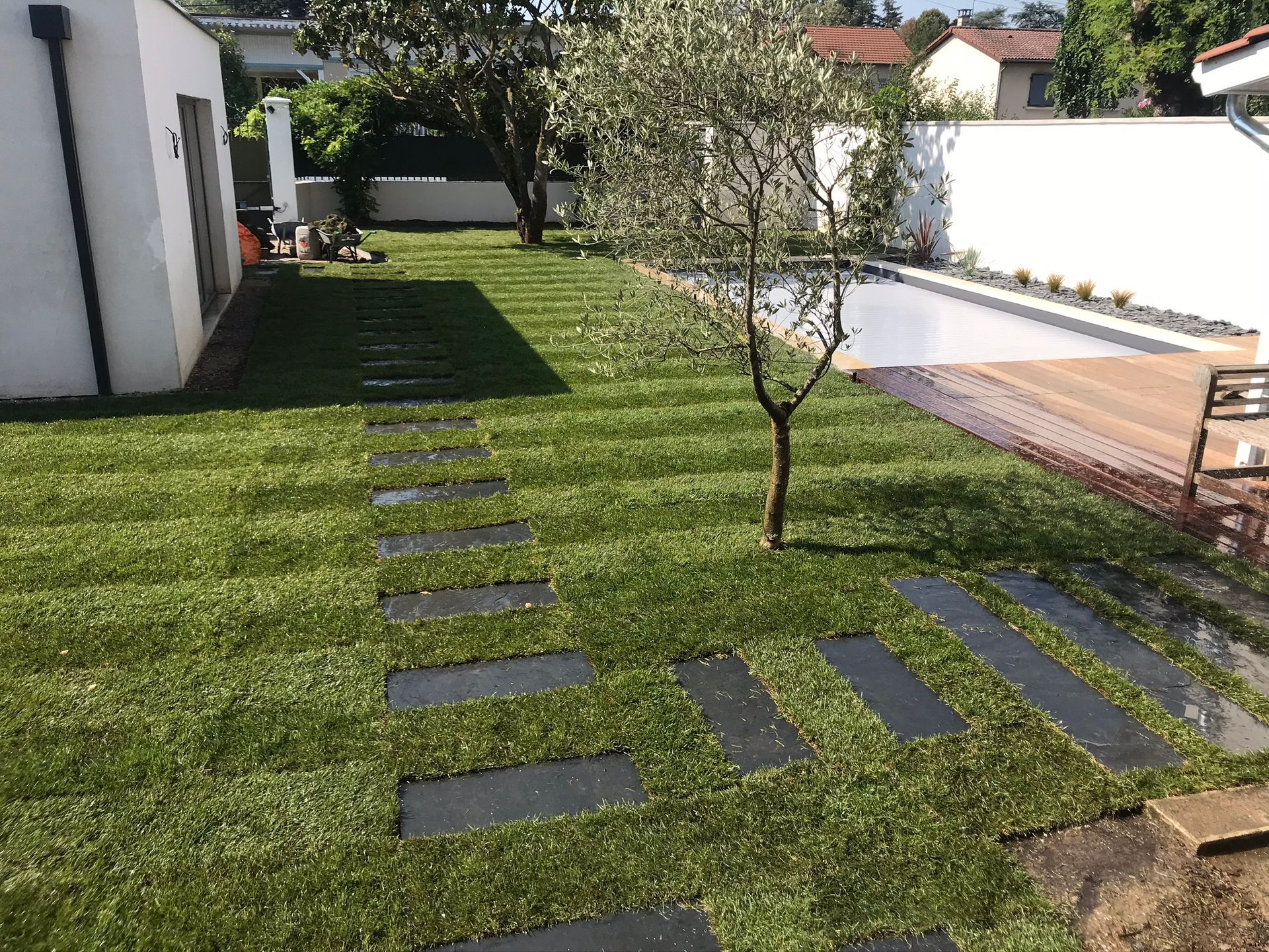 Un jardin avec un arbre, des pas japonais et une piscine sur le côté.