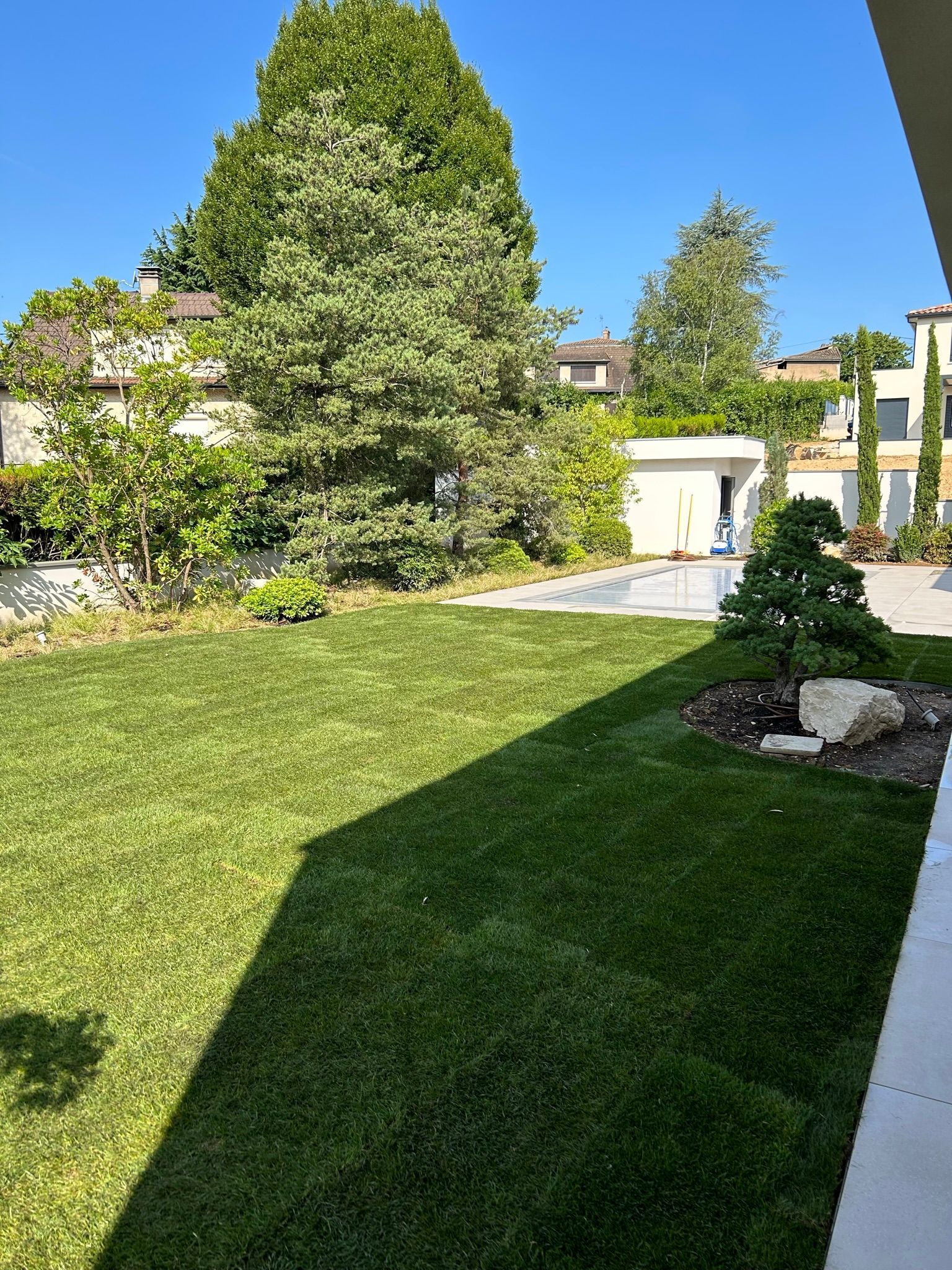 Un jardin avec de l'herbe, des arbres et une piscine.