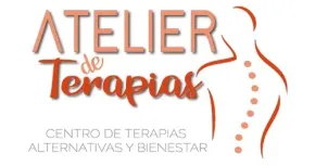 Logo de &ldquo;Atelier de Terapias&rdquo; en tonos naranja y marr&oacute;n, con silueta de perfil y texto &ldquo;Centro de terapias alternativas y bienestar&rdquo;