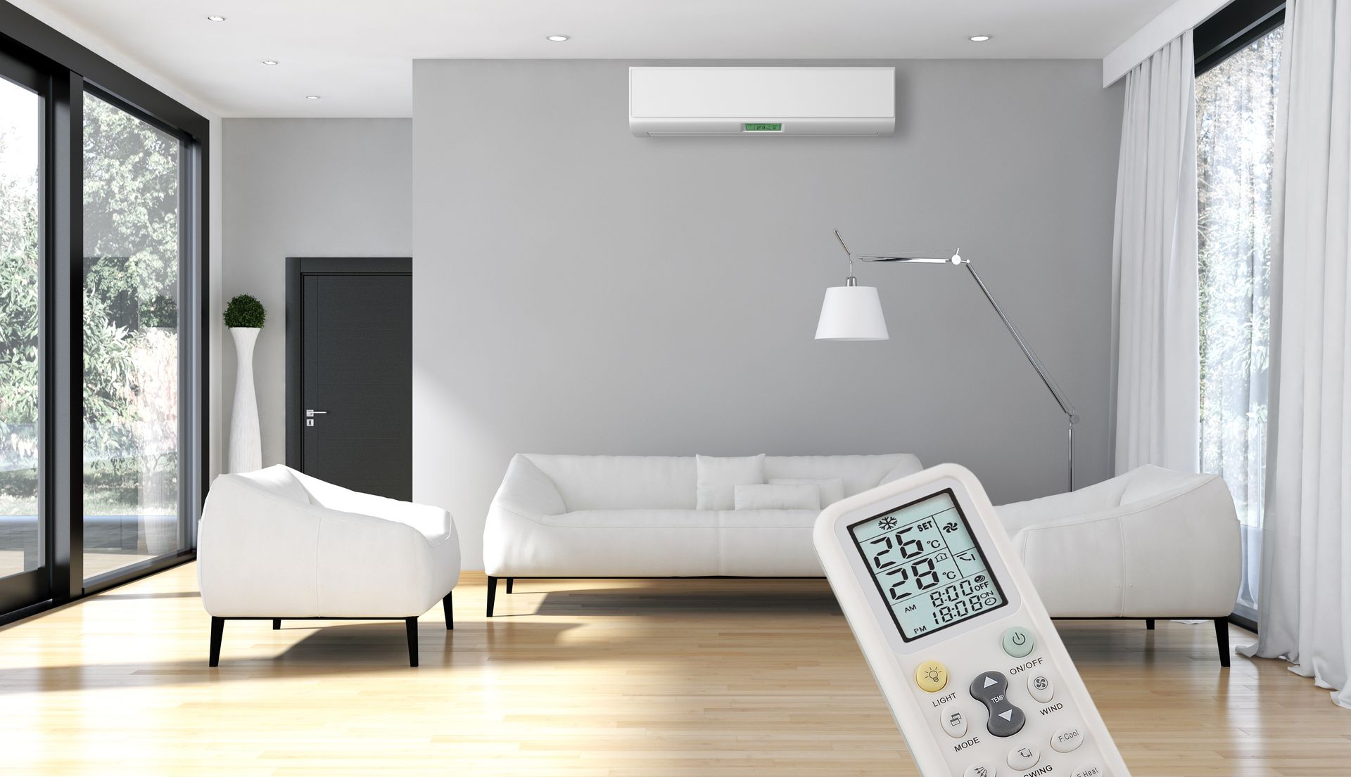 Une climatisation réglée avec une télécommande.