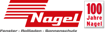Nagel-Logo in Rot mit einem Abzeichen „100 Jahre Nagel“ und dem Schriftzug „Fenster · Rollläden · Sonnenschutz“