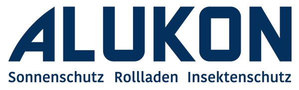 A blue and white logo for alukon sonnenschutz rollladen insektenschutz