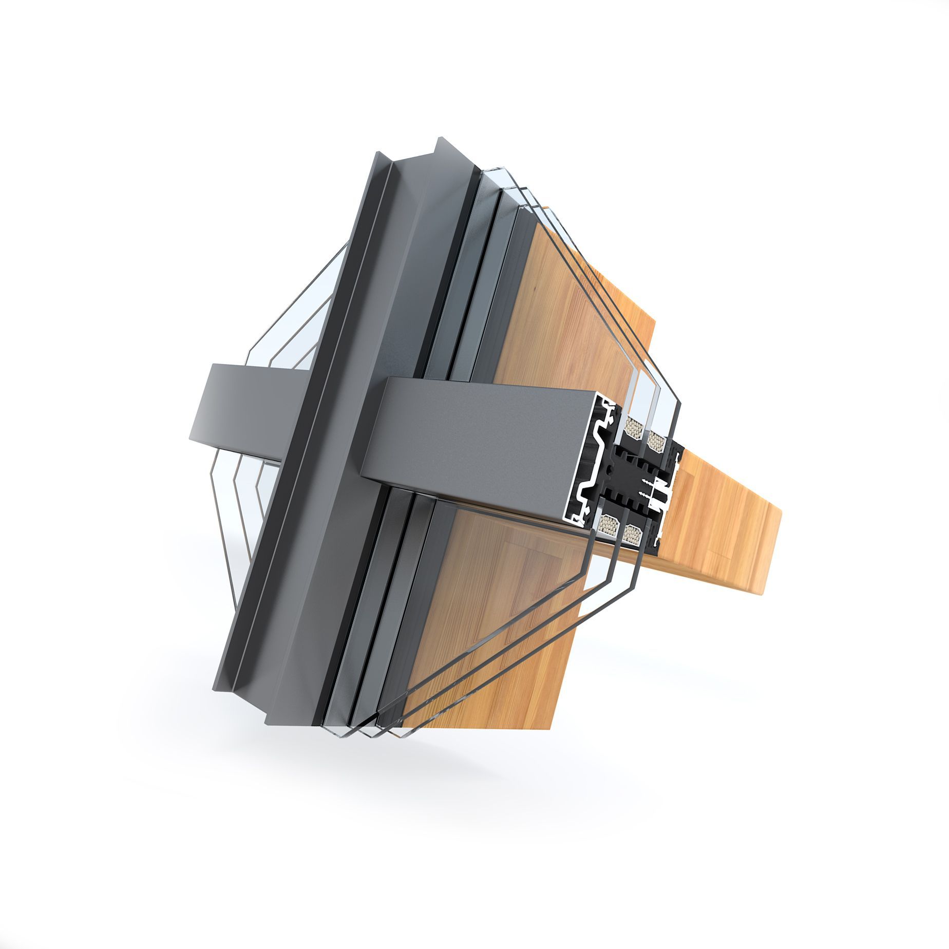 Ein 3D-Modell eines Fensters mit einem Holzrahmen auf einem weißen Hintergrund.