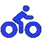 Un icono azul de una persona montando en bicicleta sobre un fondo blanco.