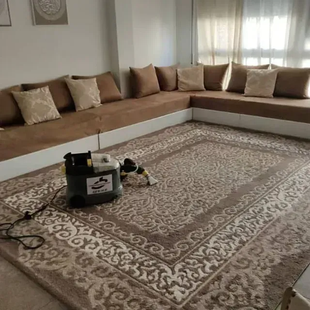 Una aspiradora está sobre una alfombra en una sala de estar.