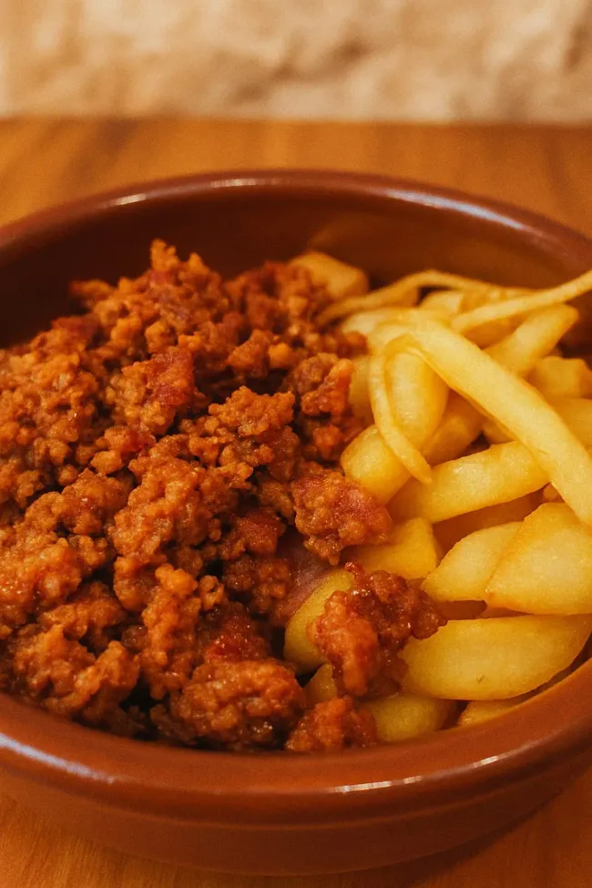 Un tazón de carne molida y papas fritas en una mesa de madera.