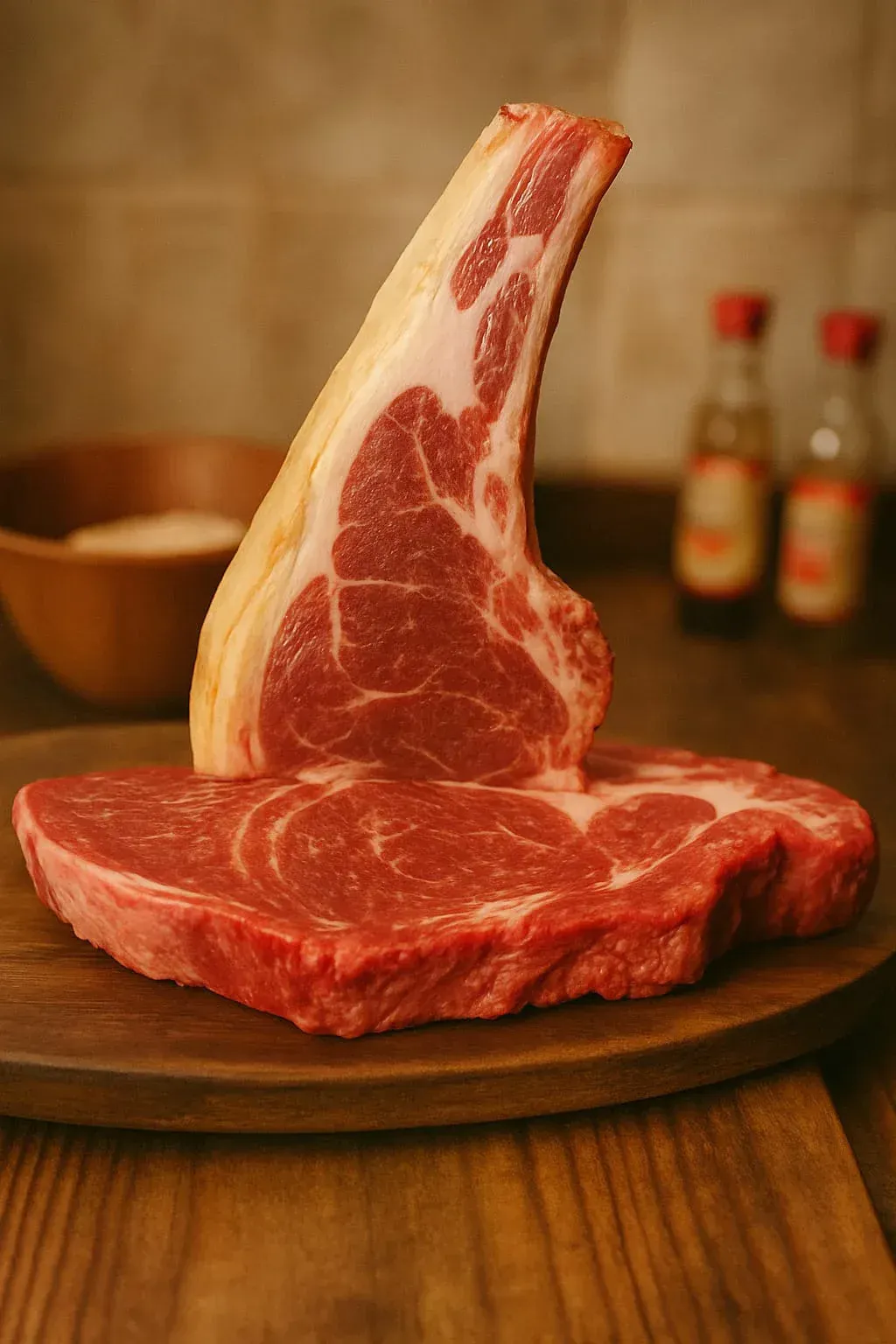 Un trozo de filete crudo reposa sobre una tabla de cortar de madera.