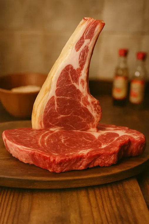 Un trozo de filete crudo reposa sobre una tabla de cortar de madera.