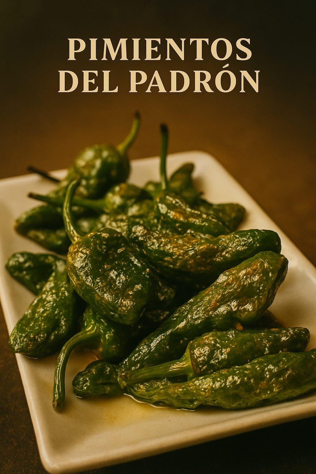 Un plato blanco cubierto con pimientos verdes y las palabras pimientos del padrón