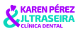 Logotipo de Karen P&eacute;rez JLT Raiseira Cl&iacute;nica Dental en morado y turquesa, con un s&iacute;mbolo de sonrisa.