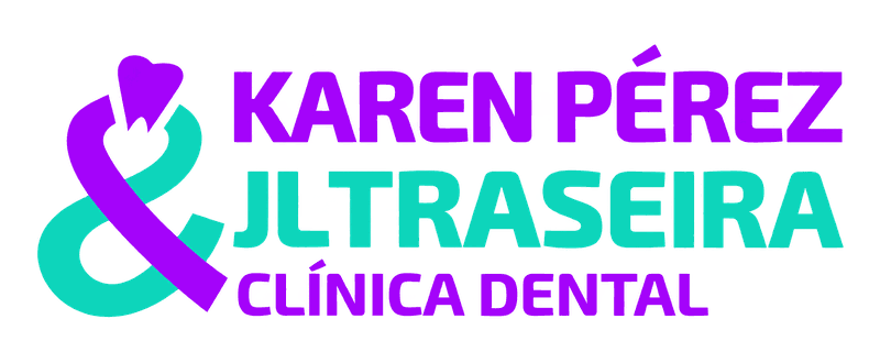Logotipo de Karen P&eacute;rez JLT Raiseira Cl&iacute;nica Dental en morado y turquesa, con un s&iacute;mbolo de sonrisa.