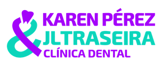 Logotipo de Karen P&eacute;rez JLT Raiseira Cl&iacute;nica Dental en morado y turquesa, con un s&iacute;mbolo de sonrisa.