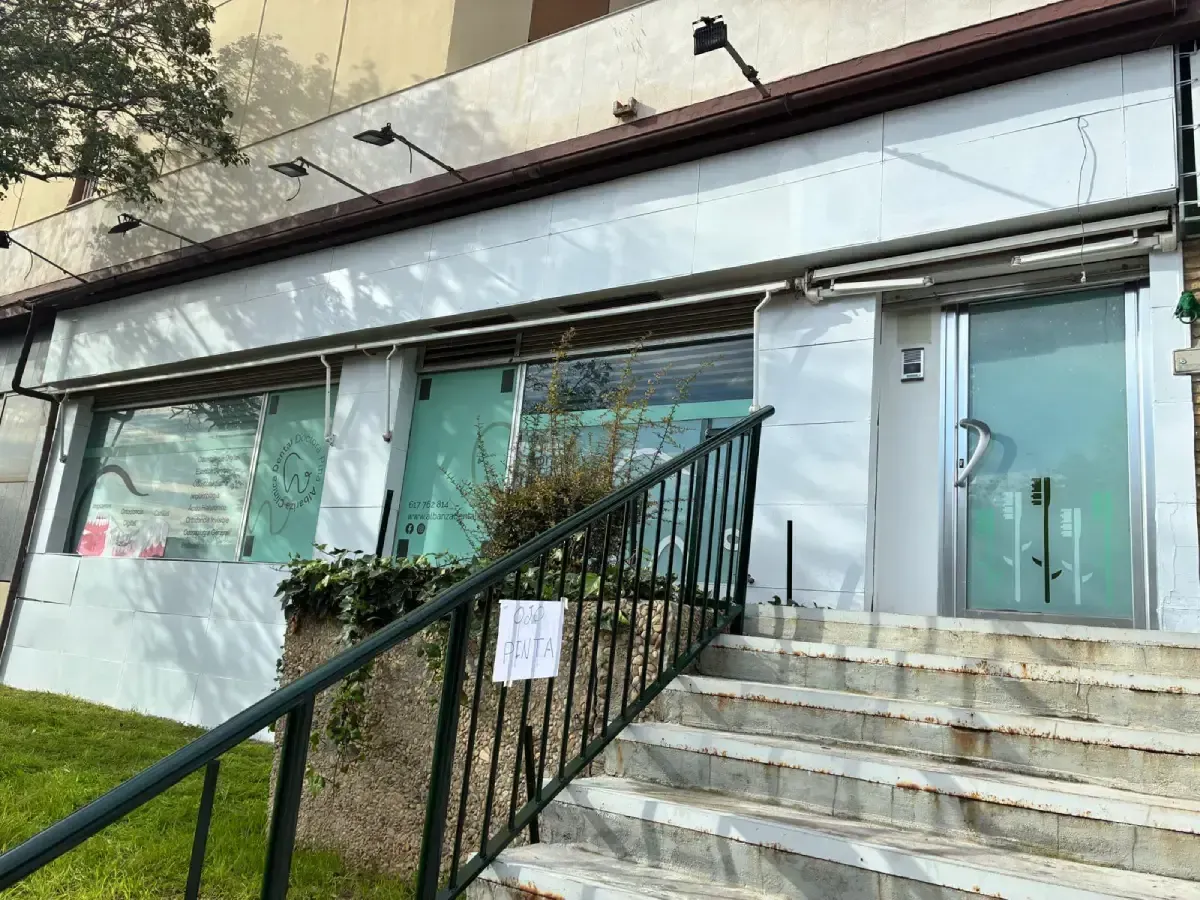 Vista exterior de un edificio comercial blanco con escalones que conducen a una puerta. Se ven una barandilla y arbustos.