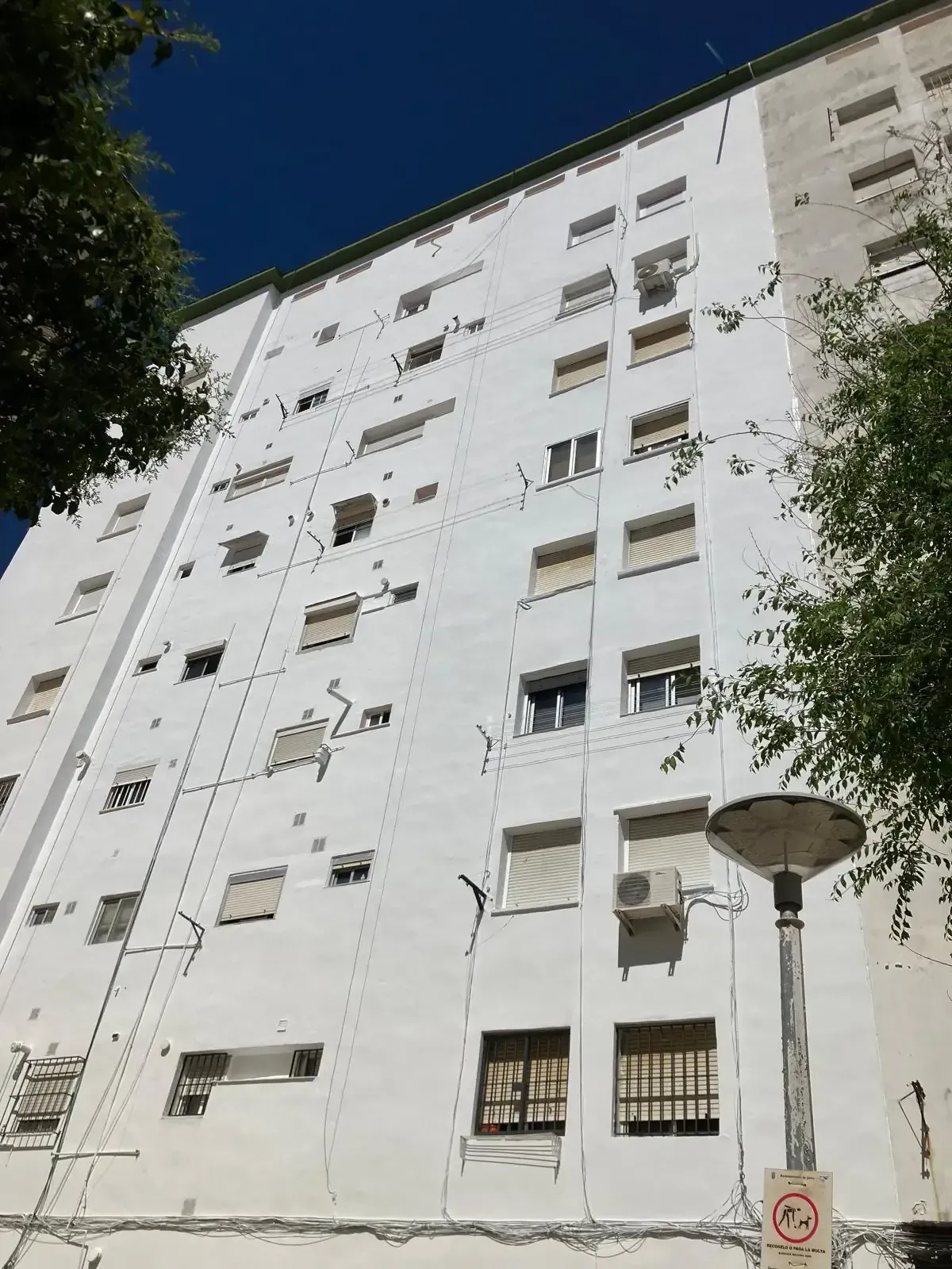 Edificio alto y blanco con grietas visibles en el exterior, ventanas y una farola al frente, bajo un cielo azul claro.