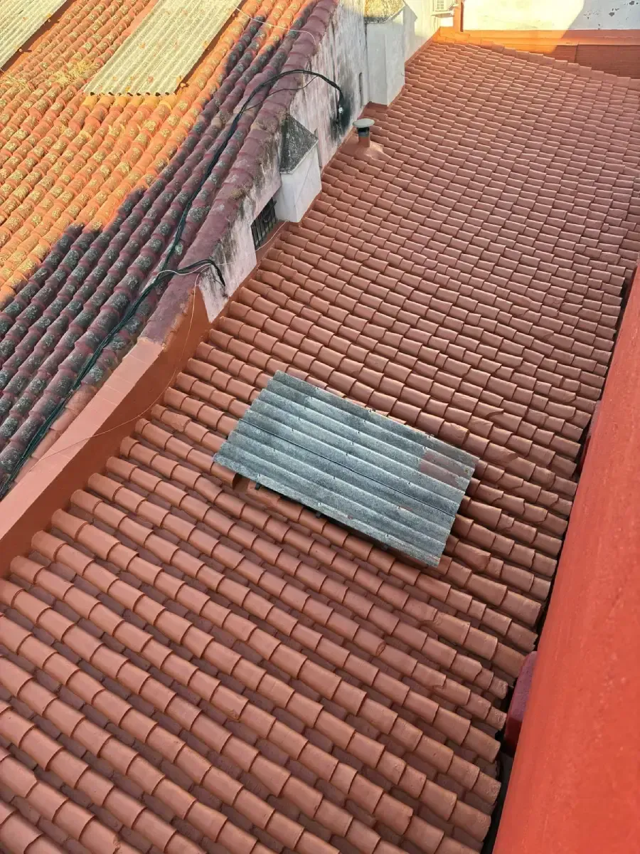 Techos de tejas rojas con una lámina de metal en uno de ellos.