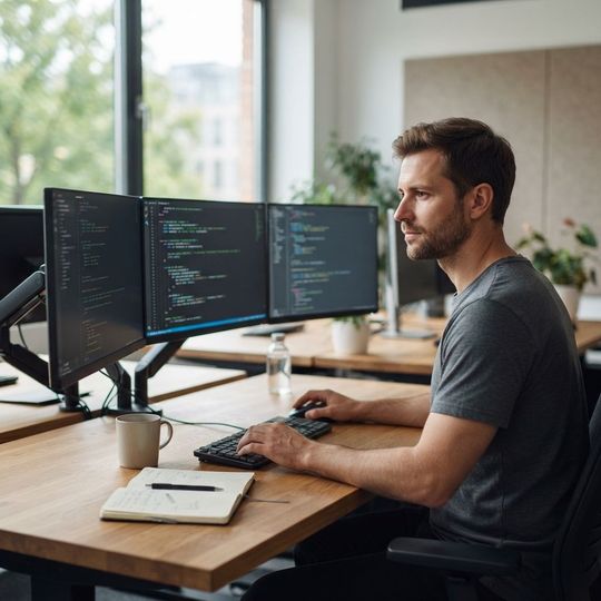 Un profesional revisando c&oacute;digo en pantalla m&uacute;ltiple en un espacio de trabajo mo