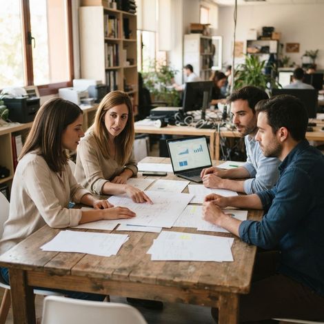Equipo de consultores en reuni&oacute;n alrededor de una mesa analizando documentaci&oacute;n 