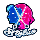 Logotipo de barbería estilo neón, con dos rostros, uno azul y otro rosa, separados por unas tijeras sobre la palabra «Stylus»