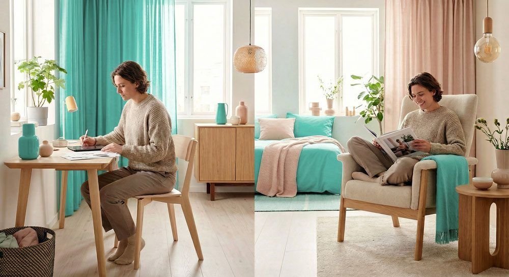 Jaettu kuva, jossa henkilö työskentelee työpöydän ääressä ja rentoutuu nojatuolissa huoneessa, jossa on sinivihreät verhot ja vaalea sisustus.