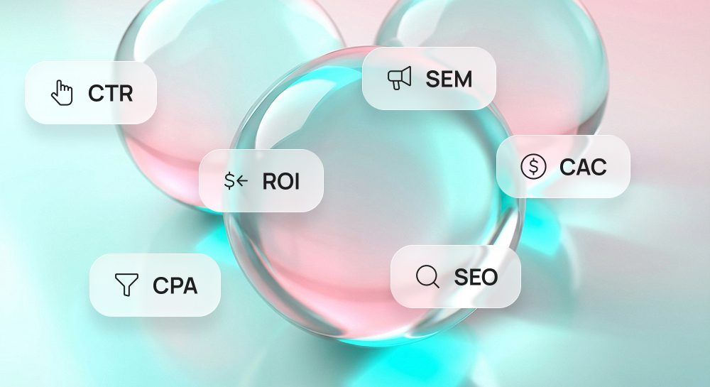 Läpikuultavat kiiltävät pallot pehmeää vaaleanpunaista ja sinistä taustaa vasten, päällä markkinointilyhenteitä, kuten SEO, ROI ja CAC.
