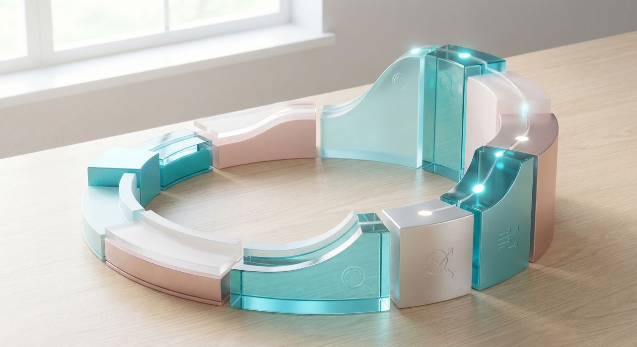 Pyöreä, modulaarinen marmorilelurata, jossa on sinisiä ja beigenvärisiä segmenttejä ja hohtavat LED-valot puupinnalla.