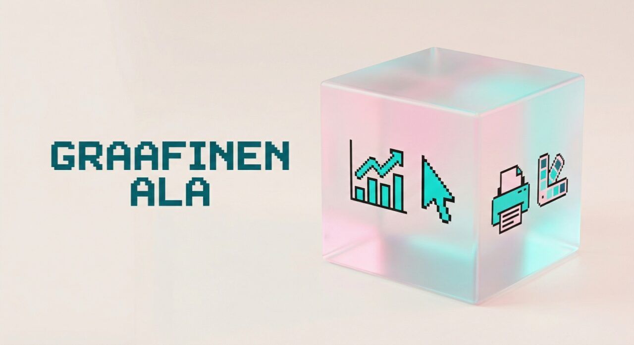 Sinivihreä, läpikuultava kuutio, jossa on kaavio-, kursori-, tulostin- ja asiakirjakuvakkeet suomenkielisen tekstin 