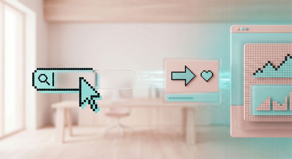 Pikselikuvioinen kursori leijuu hakupalkin yllä ja muuttuu nuolen, sydämen ja digitaalisten datakaavioiden kuvakkeiksi.
