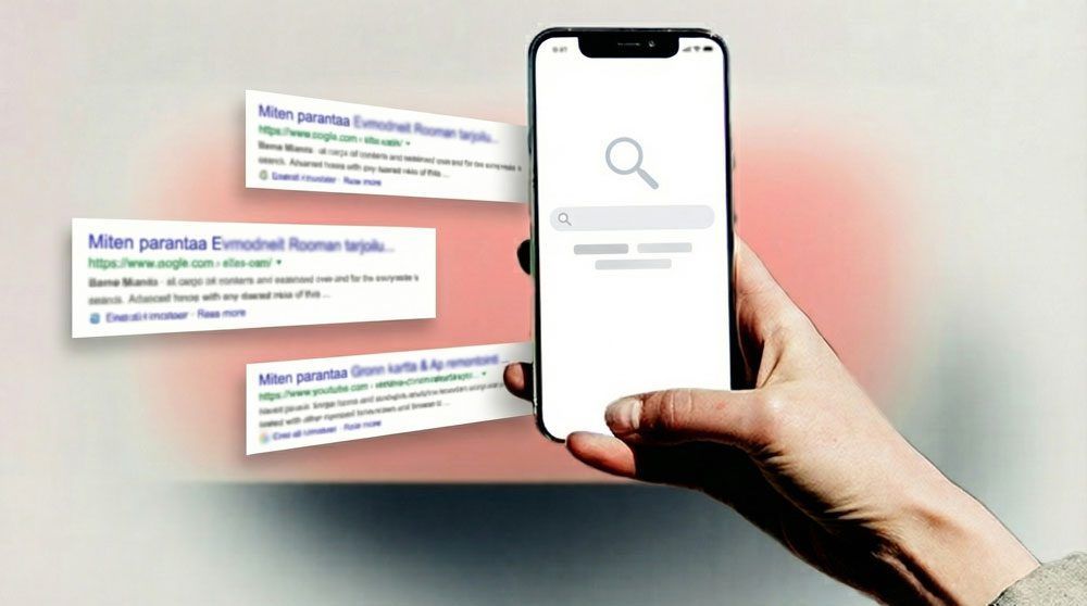Henkilö pitelee älypuhelinta, jossa on hakupalkki ja hakutulokset kelluvat vasemmalla pehmeän punaisena hehkun alla.