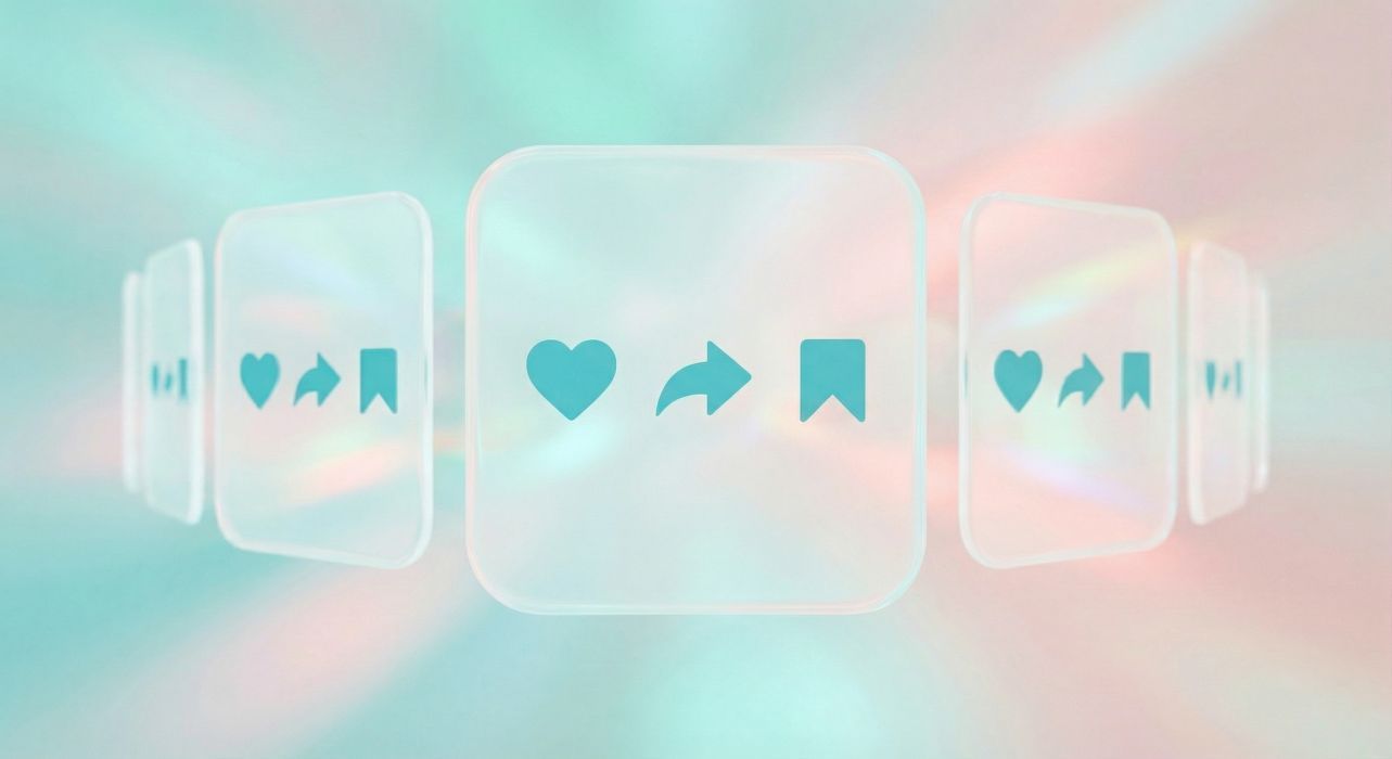 Läpikuultavien, hohtavien neliöiden karuselli, jossa näkyy sinivihreä sydän-, jako- ja kirjanmerkkikuvakkeita sumennettua pastelliväristä taustaa vasten.