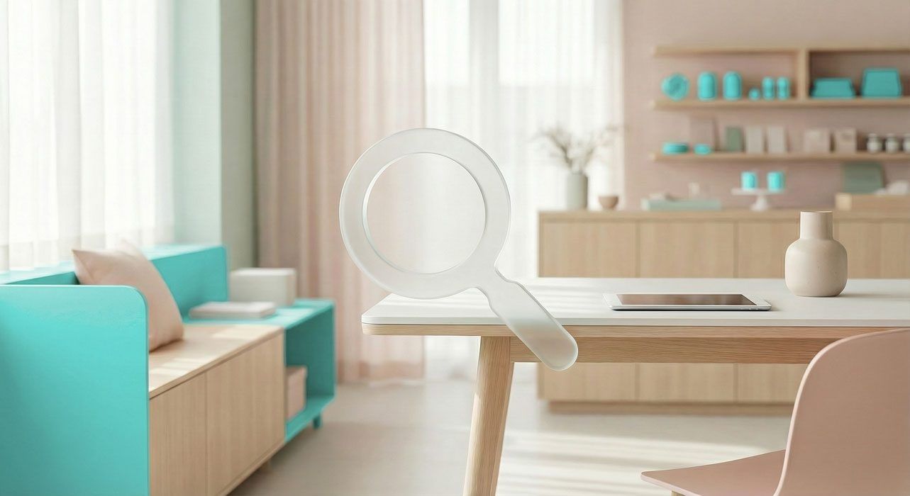 Suurennuslasigrafiikka leijuu modernin, minimalistisen ruokailu- ja olohuoneen yllä, jossa on sinivihreä ja vaalea puukoristeet.