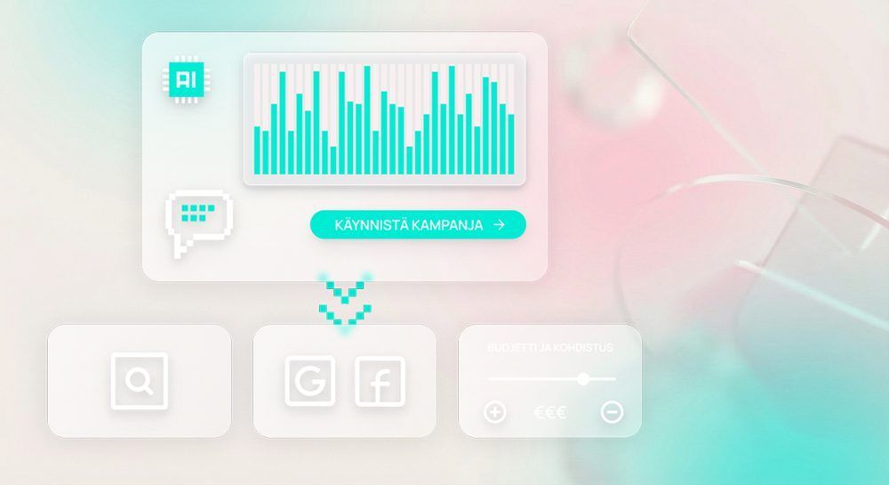 3D-grafiikka, joka näyttää tekoälykäyttöliittymän, jossa on pylväsdiagrammi, puhekupla ja kuvakkeet haulle, Googlelle, Facebookille ja asetuksille.