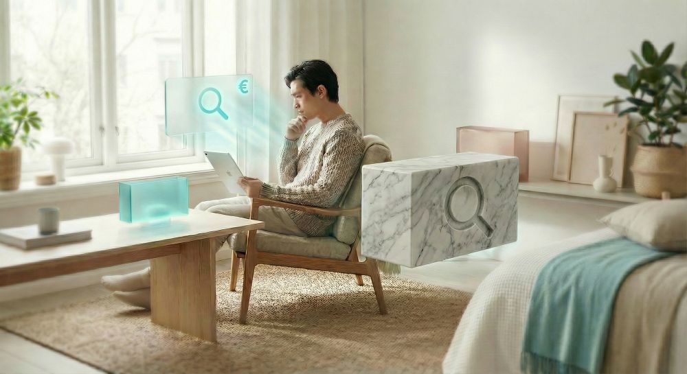 Henkilö istuu tuolissa valoisassa ja modernissa huoneessa ja on vuorovaikutuksessa kelluvien holografisten suurennuslasikuvakkeiden kanssa.