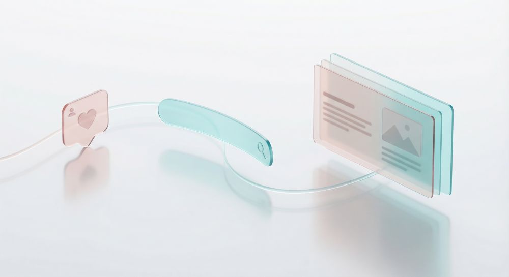 3D-renderöinti, joka näyttää läpikuultavan sosiaalisen median sydänkuvakkeen, joka on yhdistetty ohuella, kaarevalla viivalla sisältösyötteen käyttöliittymään.