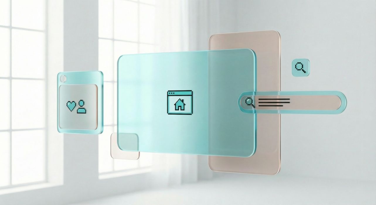 Läpikuultavat sinivihreät digitaaliset käyttöliittymäpaneelit, joissa näkyy koti-, haku- ja käyttäjäkuvakkeet kellumassa kirkkaassa, minimalistisessa huoneessa.