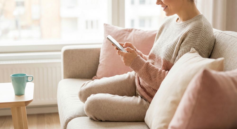 Henkilö istuu sohvalla valoisassa huoneessa hymyillen ja katsoo älypuhelinta molemmissa käsissään.