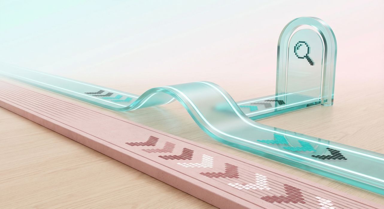 Läpikuultava sininen kaistale, jossa on suurennuslasikuvake, kaartuu vaaleanpunaisen pinnan yllä, jossa on pienten nuolien kuvio.