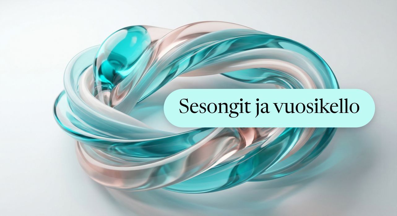 Abstrakti 3D-solmu läpikuultavista sinivihreäistä ja valkoisista nauhoista valkoista taustaa vasten ja tekstillä 