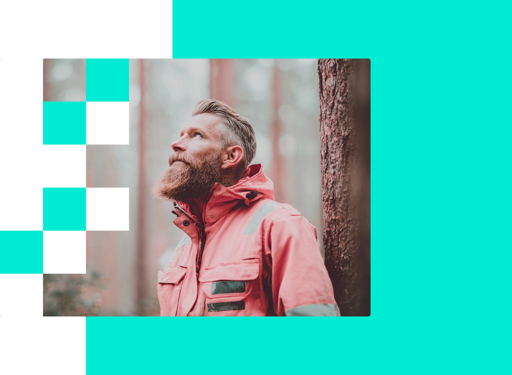 Mies pinkissä takissa katsoo ylöspäin metsässä, taustalla sinivihreät ja valkoiset geometriset yksityiskohdat