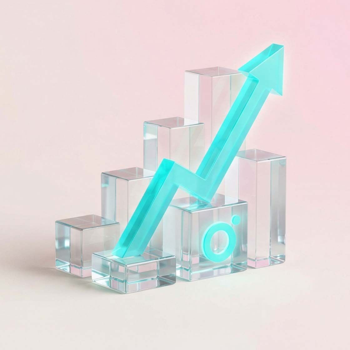 Sinivihreä ylöspäin suuntautuva nuoli lepää kirkkaiden, porrastettujen lasilohkojen päällä pehmeän vaaleanpunaista taustaa vasten.