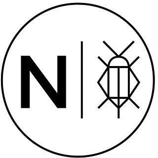 Un logotipo en blanco y negro con la letra n y un insecto en un círculo.