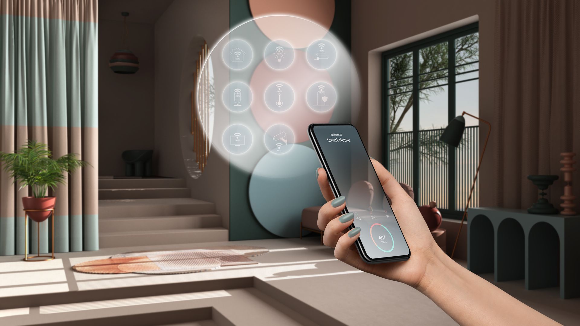 Une personne tient un smartphone affichant un menu circulaire lumineux d'icônes de contrôle domotique.