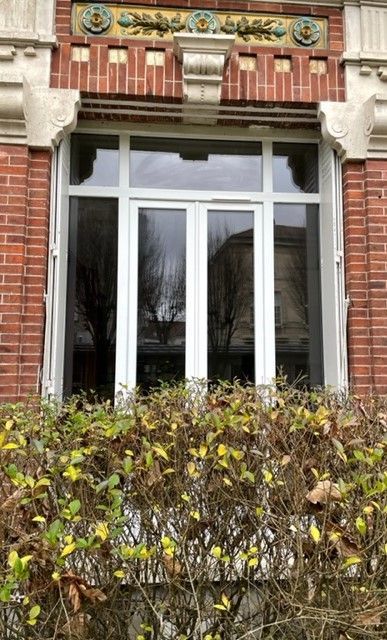 Fenêtre à cadre blanc dans un bâtiment en briques, partiellement masquée par une haie aux feuilles jaunies.