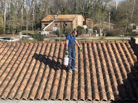 Homme en bleu debout au milieu d'un toit de tuiles qui asperge une solution démoussante