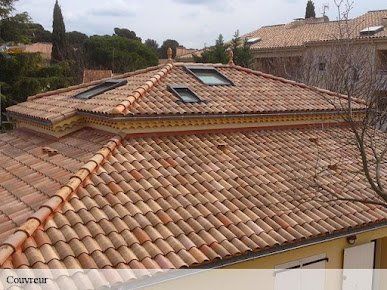 grande toiture en tuiles avec trois fenêtres de toit