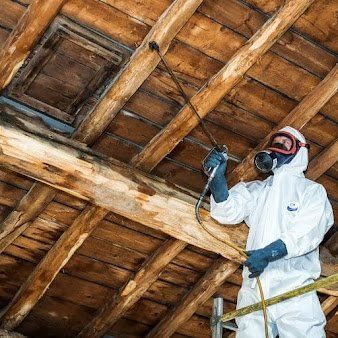 traitement de charpente par un artisan en combinaison blanche