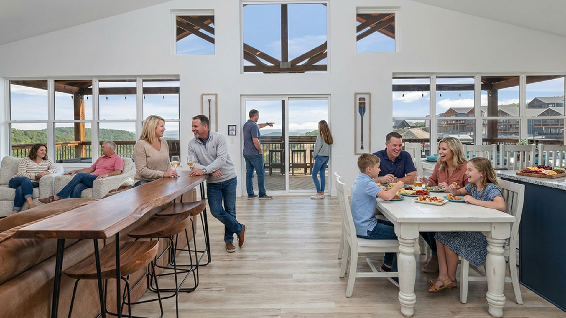 Bradford Lodge great room interior — spacious gathering area with seating for large groups in Branson